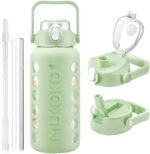 MUKOKO Glass Water Bottle 64oz with 2 Lids, Half Gallon Drinking Bottle with Straws and Measurements, 2L Sports Hydrate Jug with Silicone Sleeve, Leakproof, Green - Image 2