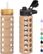 MUKOKO Glass Water Bottles, 24oz Glass Tumbler with Straw, Drinking Bottles with 2 Lids-Handle Spout Lid&Bamboo Straw Lid, Motivational Water Bottle with Time Marker and Silicone Sleeve, 1 Pack-Amber - Image 2