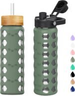 MUKOKO Glass Water Bottles, 24oz Glass Tumbler with Straw, Drinking Bottles with 2 Lids-Handle Spout Lid&Bamboo Straw Lid, Motivational Water Bottle with Time Marker and Silicone Sleeve, 1 Pack-Olive - Image 2