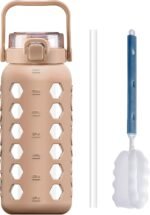 MUKOKO Half Gallon/64 oz Glass Water Bottles with Straw and Lid,Motivational Water Jug with Time Marker Reminder and Silicone Sleeve,100% Leakproof BPA Free Fitness Sports Large Bottle-Amber - Image 2