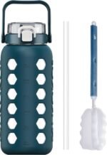 MUKOKO Half Gallon/64 oz Glass Water Bottles with Straw and Lid,Motivational Water Jug with Time Marker Reminder and Silicone Sleeve,100% Leakproof BPA Free Fitness Sports Large Bottle-Blue - Image 2