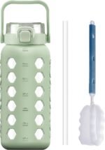 MUKOKO Half Gallon/64 oz Glass Water Bottles with Straw and Lid,Motivational Water Jug with Time Marker Reminder and Silicone Sleeve,100% Leakproof BPA Free Fitness Sports Large Bottle-Green - Image 2