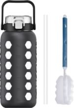 MUKOKO Half Gallon/64 oz Glass Water Bottles with Straw and Lid,Motivational Water Jug with Time Marker Reminder and Silicone Sleeve,100% Leakproof BPA Free Fitness Sports Large Bottle-Grey - Image 2