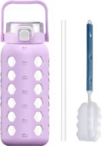 MUKOKO Half Gallon/64 oz Glass Water Bottles with Straw and Lid,Motivational Water Jug with Time Marker Reminder and Silicone Sleeve,100% Leakproof BPA Free Fitness Sports Large Bottle-Purple - Image 2