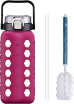 MUKOKO Half Gallon/64 oz Glass Water Bottles with Straw and Lid,Motivational Water Jug with Time Marker Reminder and Silicone Sleeve,100% Leakproof BPA Free Fitness Sports Large Bottle-Rose - Image 2