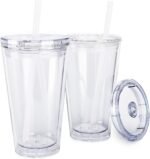 Maars Classic Acrylic Tumbler with Lid and Straw | 16oz Premium Insulated Iced Coffee Cups, Double Wall Reusable Plastic Cups - Clear, 2 Pack - Image 2