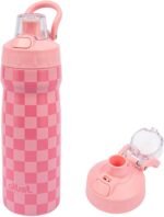 Magnetic Water Bottle with Straw 18 oz - Stainless Steel Insulated Tumbler for Gym & Bike (Fits Holders) - Leak Proof Pop-Up Lid, 2-in-1 Sip or Chug, Handle & Cute Pink Checkered Print - Image 2