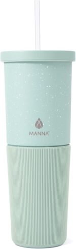 Manna Tribeca Double-wall Vacuum Insulated Stainless Steel Tumbler with Splash-proof Lid, Reusable Tritan Straw, and Silicone Sleeve - 32 Oz - Mint Breeze Speckle - Image 2