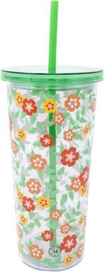 Martha Stewart Double Wall Tumbler with Lid and Reusable Straw, Floral Plastic Cup, Insulated Travel Cup Holds 24 Ounces, Floral Cloud Dancer - Image 2