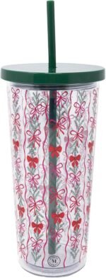 Martha Stewart Double Wall Tumbler with Lid and Reusable Straw, Floral Plastic Cup, Insulated Travel Cup Holds 24 Ounces (Holiday Bow Stripe) - Image 2