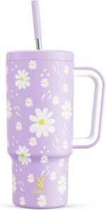 Meoky 24 oz Tumbler with Handle for Kids: Stainless Steel Insulated Tumbler with Handle - Keeps Cold for 24 hours - 100% Leakproof - BPA-Free for Travel Car Cupholders - Girls Students, Purple Daisy - Image 2