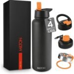 Milton 40 Oz Insulated Water Bottle With Leakproof 4 Lids, Stainless Steel Double Walled Vacuum Insulated Thermos, 12 Hour Hot, 24 Hrs Cold, Metal Travel Thermal Mug for Sports, Gym, Flassio, Black - Image 2