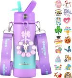 Mininoo Insulated Stainless Steel Kids Water Bottle for School with Straw Lid & Strap, 50 Stickers, 18 oz(Purple/Sky) - Image 2