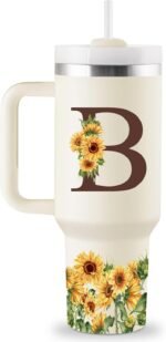 Monogrammed 40 oz Tumbler with Handle & Straw - Personalized Gifts for Mom, Wife, Sister, Friend, Coworkers - Initial Sunflower Cup - Image 2