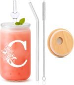 Monogrammed Gifts for Women – 16oz Custom Initial Glass Cup with Lid & Straw – personalized bridesmaid gifts,Iced Coffee Smoothie Tumbler,Appreciation Present for Fall, Nurse, or Coworker-C - Image 2