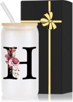 Monogrammed Glass Drinking Cup With Lid Straw Brides for Her Wedding Day Bridal Shower Bachelorette Party Engaged Engagement Cute Personalized Unique Cool Special Customized Best Present Gifts,H - Image 2