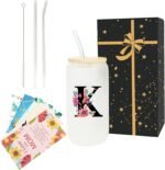 Monogrammed Glass Drinking Cup With Lid Straw Personalized Customized Post Cards Mother Day Best Mama Mom Ever from Daughter Son Christmas Xmas Valentines Birthday Groom Gifts Bride Mother In Law,K - Image 2