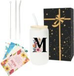 Monogrammed Glass Drinking Cup With Lid Straw Personalized Customized Post Cards Women Wife Gifts Ideal from Husband Happy Birthday Wedding Romantic Cute Custom Christmas Xmas Valentines Present,M - Image 2