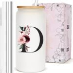Monogrammed Personalized Customized Gifts for Women, Cute Glass Cups with Lids and Straws, Custom Letter Mug Tumbler, Initial Iced Coffee Cup Drinking Glasses, Cool Coffee Lover Gifts for Women, D - Image 2