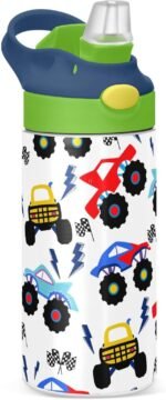 Monster Truck Kids Water Bottle with Straw and Carry Handle Racing Car Cool Vacuum Insulated Stainless Steel Bottles Leak-Proof for Boys Girls Toddler 12 oz Green Lid - Image 2