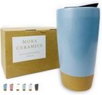 Mora Double Wall Ceramic Coffee Travel Mug with Lid, 14 oz, Portable, Microwave, Dishwasher Safe, Insulated Reusable Tall Cup, Splash Resistant Lid - To Go Tumbler for Car Cup Holder, Dusty Blue - Image 2