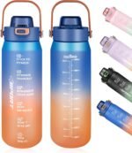 Motivational Water Bottle 32oz with Time Marker- Leakproof & BPA Free Sports Water Bottle with Straw & Carry Strap for Gym, Travel and Outdoor Sports (Blue/Orange Gradient) - Image 2