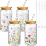 Mumufy 4 Pcs Gift for Women Wild Flower Glass Cup Tumbler Butterfly Iced Coffee Mugs 16 oz Glass with Bamboo Lid & Straw, Christmas Mothers Day Birthday Gift for Mom Sister Bridesmaid Baby Shower - Image 2