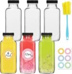 NEWMIAO 6 Pack 12oz Glass Water Bottles, 350ml Empty Glass Juice Bottles with Black Lids, Brush & Labels, Clear Reusable Drinking Jars for Juicing, Homemade Smoothies, Beverages - Image 2