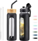 NOLOGLAZIC 24oz Glass Water Bottle with Straw and 2 Lids-Bamboo and Spout Lid, Borosilicate Glass Water Bottle with Silicone Sleeve and Time Marker,BPA Free & Cupholder Friendly,Black - Image 2