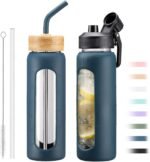 NOLOGLAZIC 24oz Glass Water Bottle with Straw and 2 Lids-Bamboo and Spout Lid, Borosilicate Glass Water Bottle with Silicone Sleeve and Time Marker,BPA Free & Cupholder Friendly,Dark Blue - Image 2