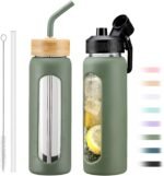 NOLOGLAZIC 24oz Glass Water Bottle with Straw and 2 Lids-Bamboo and Spout Lid, Borosilicate Glass Water Bottle with Silicone Sleeve and Time Marker,BPA Free & Cupholder Friendly,Olive - Image 2
