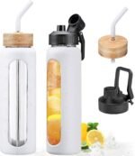 NOLOGLAZIC 32oz Glass Water Bottle with Straw and 2 Lids- Bamboo and Spout Lid,Motivational Sports Water Bottle with Silicone Sleeve and Time Marker,Reusable for Gym, Outdoors, White - Image 2