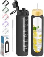 Nefeeko 32 oz Glass Water Bottles with Straw, Time Marker, Motivational 1 Liter BPA FREE Leakproof Reusable Glass Water Bottle with Silicone Sleeve, Bamboo, Spout Lid - Image 2