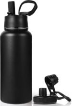 Neihepal 32 oz Insulated Water Bottle with 2 Lids (Straw & Spout Lid), 18/8 Stainless Steel Double Wall Water Bottles for Gym, Travel, Camping, Sports (Black,1 Pack) - Image 2