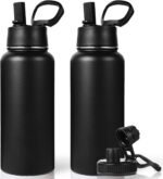 Neihepal 32 oz Insulated Water Bottles with 2 Lids (Straw & Spout Lid), 18/8 Stainless Steel Double Wall Water Bottle for Gym, Travel, Camping, Sports (Black,2 Pack) - Image 2