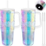 NiHome 2-Pack 32oz Iridescent Ribbed Plastic Tumbler with Handle Lid Straws, Double Wall Vacuum Reusable Water Bottle Travel Mug Cup w/Brushes, Leak Proof Tumblers Water Cups for Iced Coffee, Drinks - Image 2