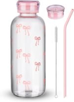 NiHome 25oz/750ml Pink Bow Glass Water Bottle with Silicone Straw, 2 Lids, Cleaning Brush, Borosilicate Glass for Hot and Cold Drinks, Leak-Proof Reusable Bottle for Travel, Gym, Office, School, Home - Image 2
