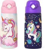 Ntswasd Girls Insulated Water Bottle with Covered Pop-Up Straw,16 oz Kids Cups with Stainless Steel Leak Proof for School（2 pack,Unicorn+Unicorn） - Image 2