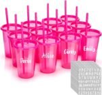 Nuanchu Bulk Tumbler with Lid and Straw 14oz Plastic Cups for Adult Reusable Coffee Drinking Cup Set Water Travel Bottle Mug with Sheets Letter Stickers for Party(Hot Pink,12 Pcs) - Image 2