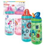 Nuby 2 Pack Iridescent Flip-it Kids On-The-Go Printed Water Bottle with Bite Proof Hard Straw - 18oz / 540 ml, 18+ Months, 2 pk Prints May Vary - Image 2