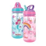 Nuby 2 Pack Iridescent PP Flip-it Kids On-The-Go Printed Water Bottle with Bite Proof Hard Straw - 18oz / 540 ml, 18+ Months, 2 pk, Mermaid & Rainbow Print - Image 2