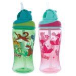 Nuby 2-Pack Thirsty Kids No-Spill Flip-it Printed Boost Cup with Thin Soft Straw - 12oz, 18+ Months, 2-Pack, Pink Fox & Green Tiger - Image 2