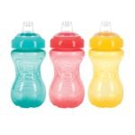 Nuby 3 Pack No Spill Toddler Sippy Cups - Toddler Cups Spill Proof with Easy and Firm Grip - Aqua, Coral, Yellow - Image 2