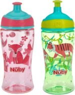 Nuby Printed Kids Pop Up Sipper Water Bottle 12oz, 2 Count - Coral, Green - Image 2