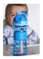 Nuby Thirsty Kids Push Button Flip-it Soft Spout on The Go Water Bottle with Easy Grip Band, Blue Sharks, 12 Oz - Image 2