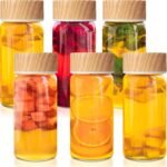 Nuogo 6 Pack Glass Bottles with Lids 12 oz Wide Mouth Juice Milk Drinking Glass Bottles Reusable Airtight Juicing Cups Leak Proof Juicing Milk Water Tea Smoothies Beverage for Storage(Wood) - Image 2