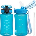 OLDLEY Kids Water Bottle for School, 12 oz (2 lids) BPA-Free Reusable Leak-proof Durable Tritan Plastic Water Bottles with Straw & Chug Lids, Anti-dust Spout Cover (Blue) - Image 2