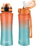 OLDLEY Kids Water Bottle for School with Straw Chug Lid, 15 oz Unbreakable Leak-Proof BPA-Free Motivational Water Bottles with Time Marker for Travel Sports Gym, 2 Lids, Orange/Green - Image 2