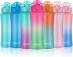OLDLEY Kids Water Bottle with Straw 15 oz BPA-Free Leak-Proof Motivational Water Bottles with Time Marker for School Sports Travel Gym, Easy to Use for Girls Goys, 1 Straw Lid, Rose-Red Green - Image 2