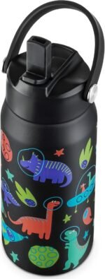 OLDLEY kids Water Bottle - 18oz Insulated Stainless Steel - Wide Straw Lid, Non Spill, Leakproof, Kids Water Bottle for School,Space Dinosaur - Image 2